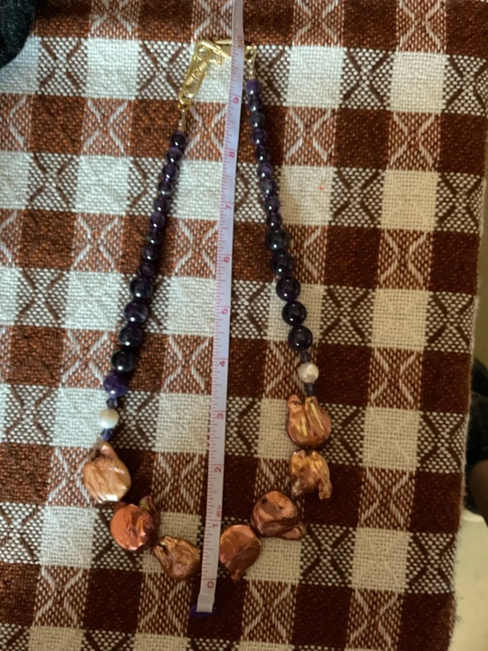 Handcrafted amethyst and Copper Pearl Statement Necklace. - Picture 5 of 5